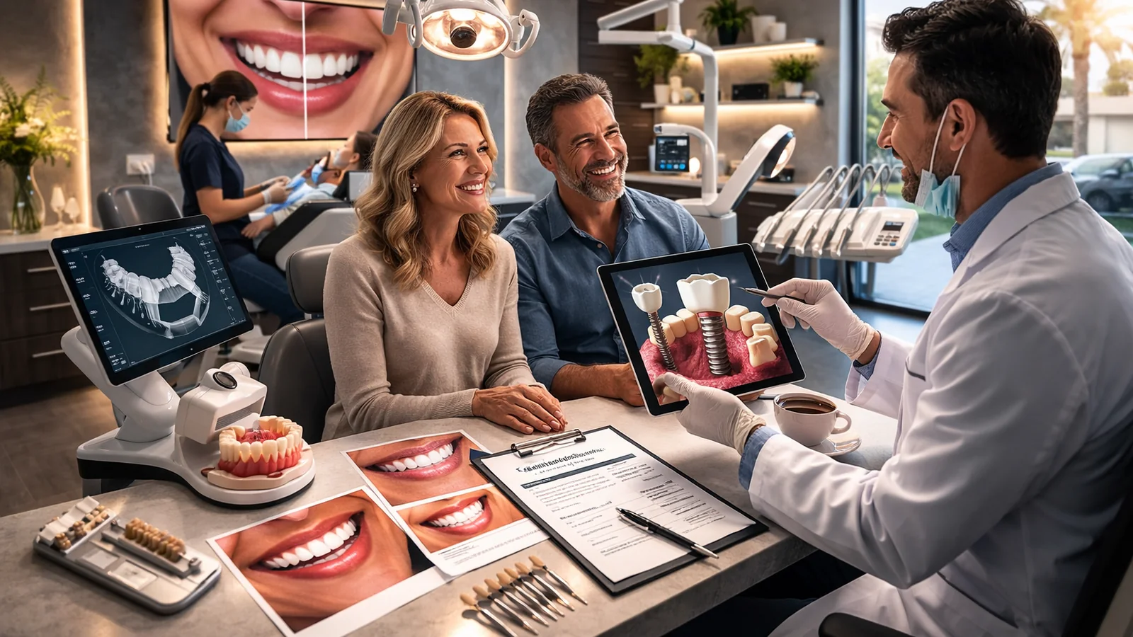 Advanced dental implant consultation with a clinician showing digital implant planning to a couple in a modern clinic.