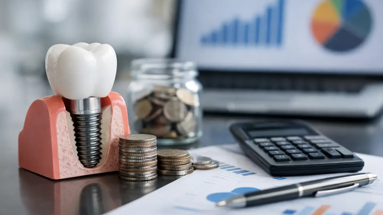 Dental marketing analytics review with implant model, coins, calculator, and performance charts on a clinic desk.
