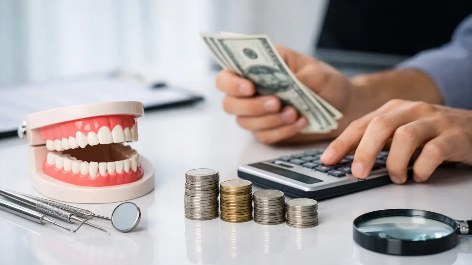 Dental marketing budget planning with cash, calculator, coins, magnifier, and a dental model on a clean desk.