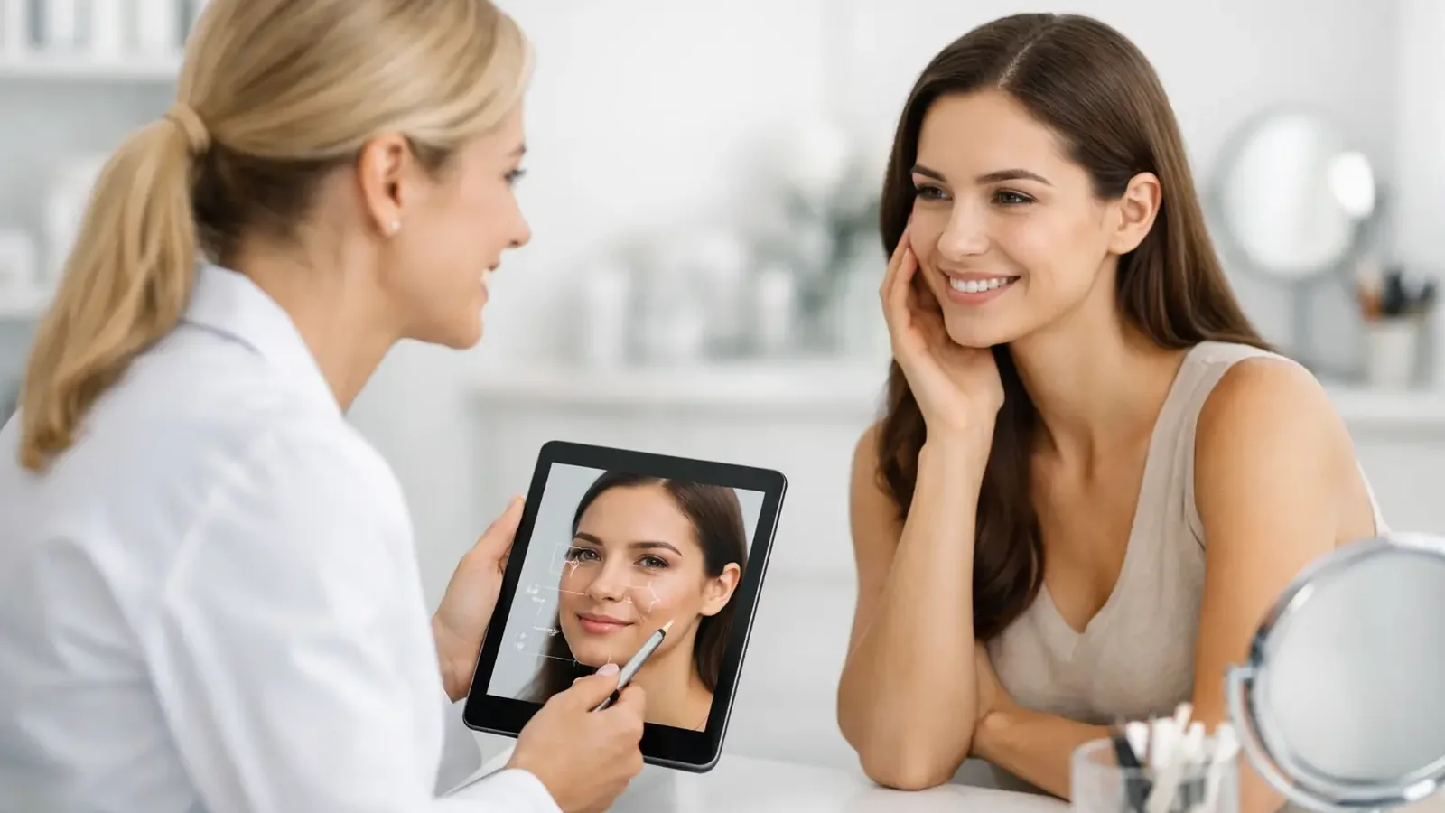Cosmetic dentistry consultation where a clinician reviews smile design options with a patient on a tablet.