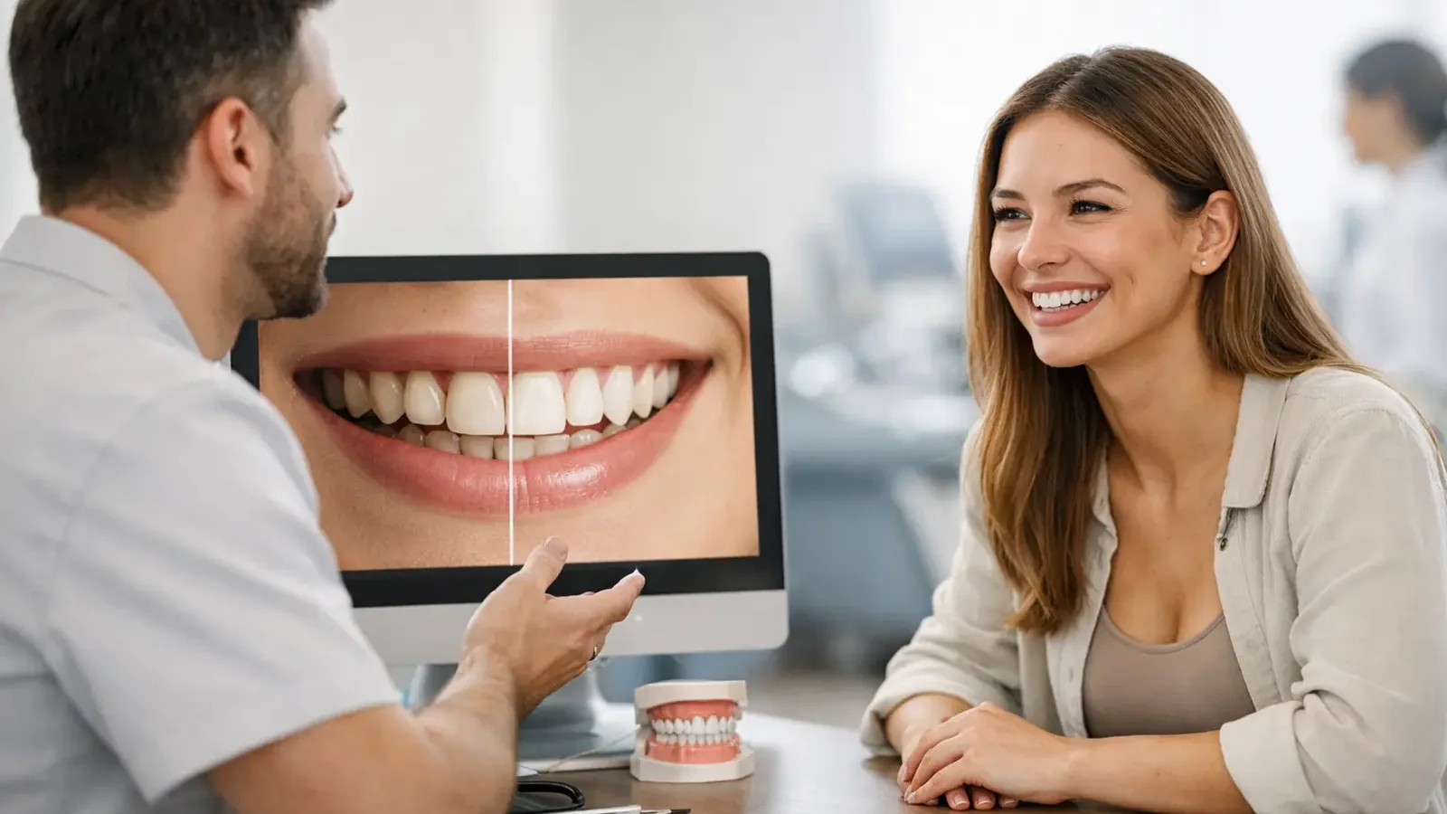 Cosmetic dentistry patient acquisition consultation with a smile preview screen and patient discussing treatment options.