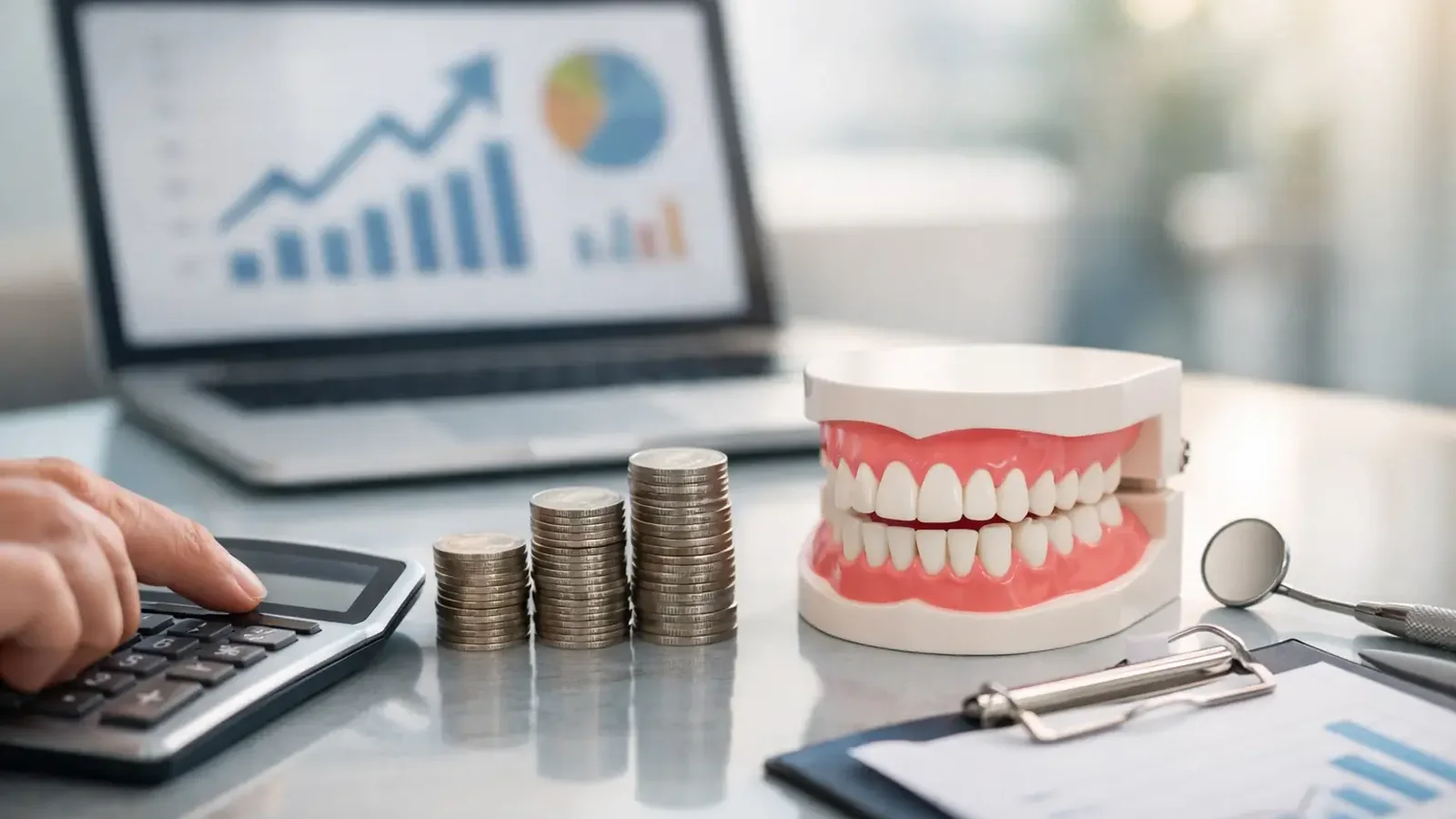 Dental cost per lead analysis with calculator, stacked coins, performance chart, and a dental model.