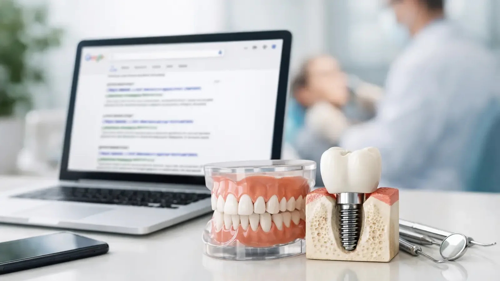 Dental SEO search workspace with a laptop search results page, implant model, and clinic desk tools.