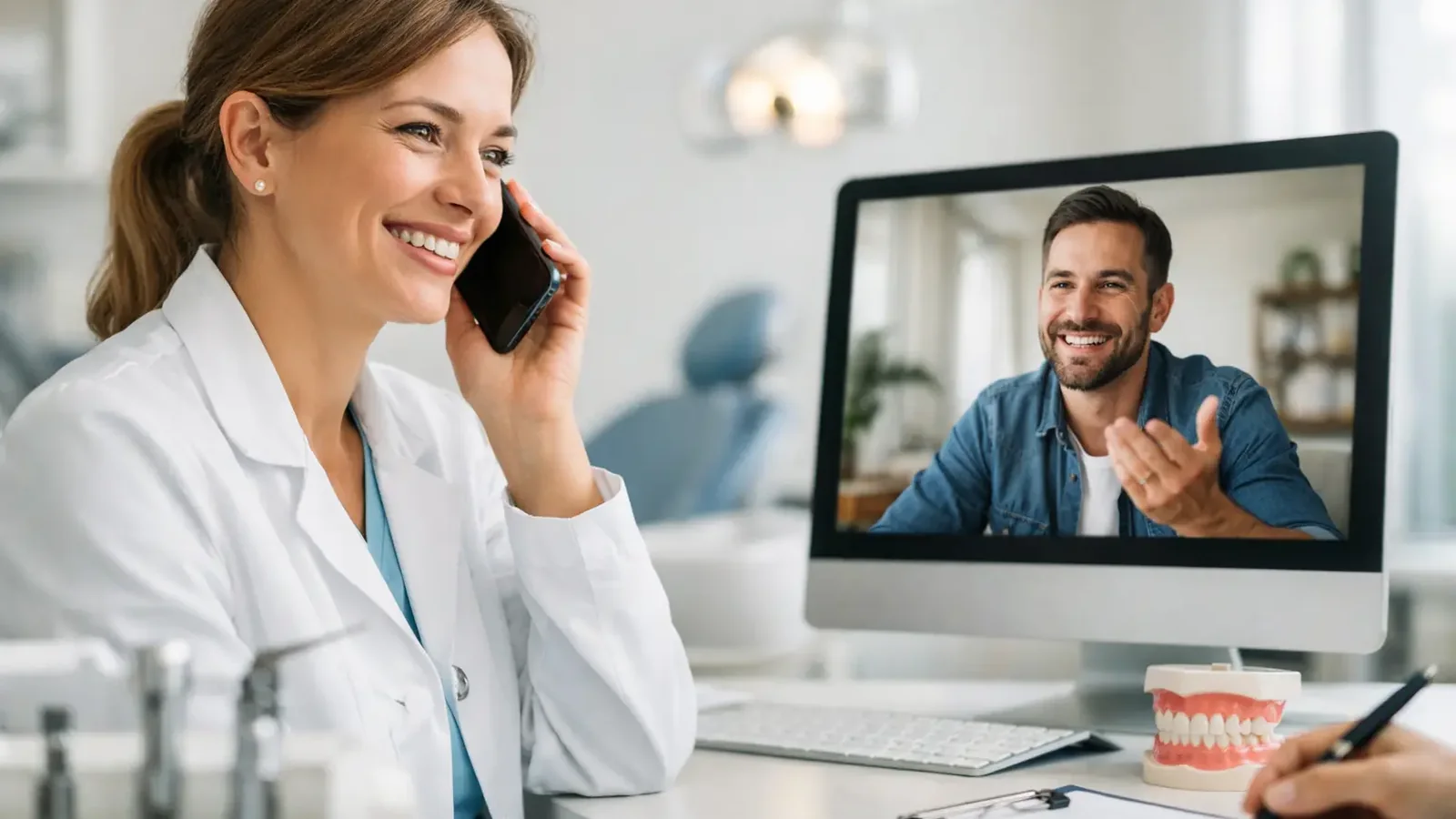 Dental follow-up workflow with a clinician on the phone and a patient video consult on a clinic computer.