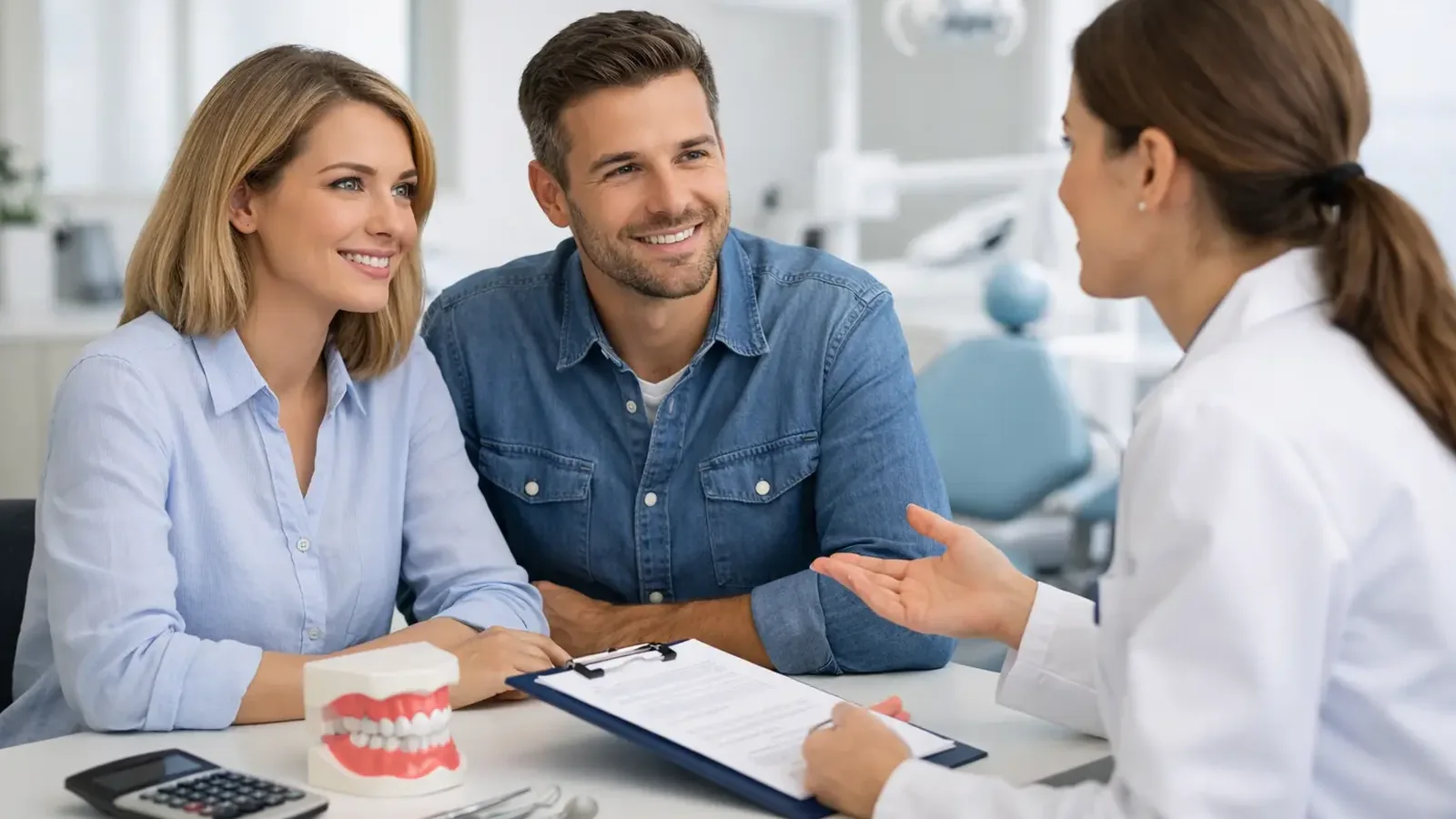 High-value dental treatment consultation with a clinician, couple, model teeth, calculator, and treatment paperwork.