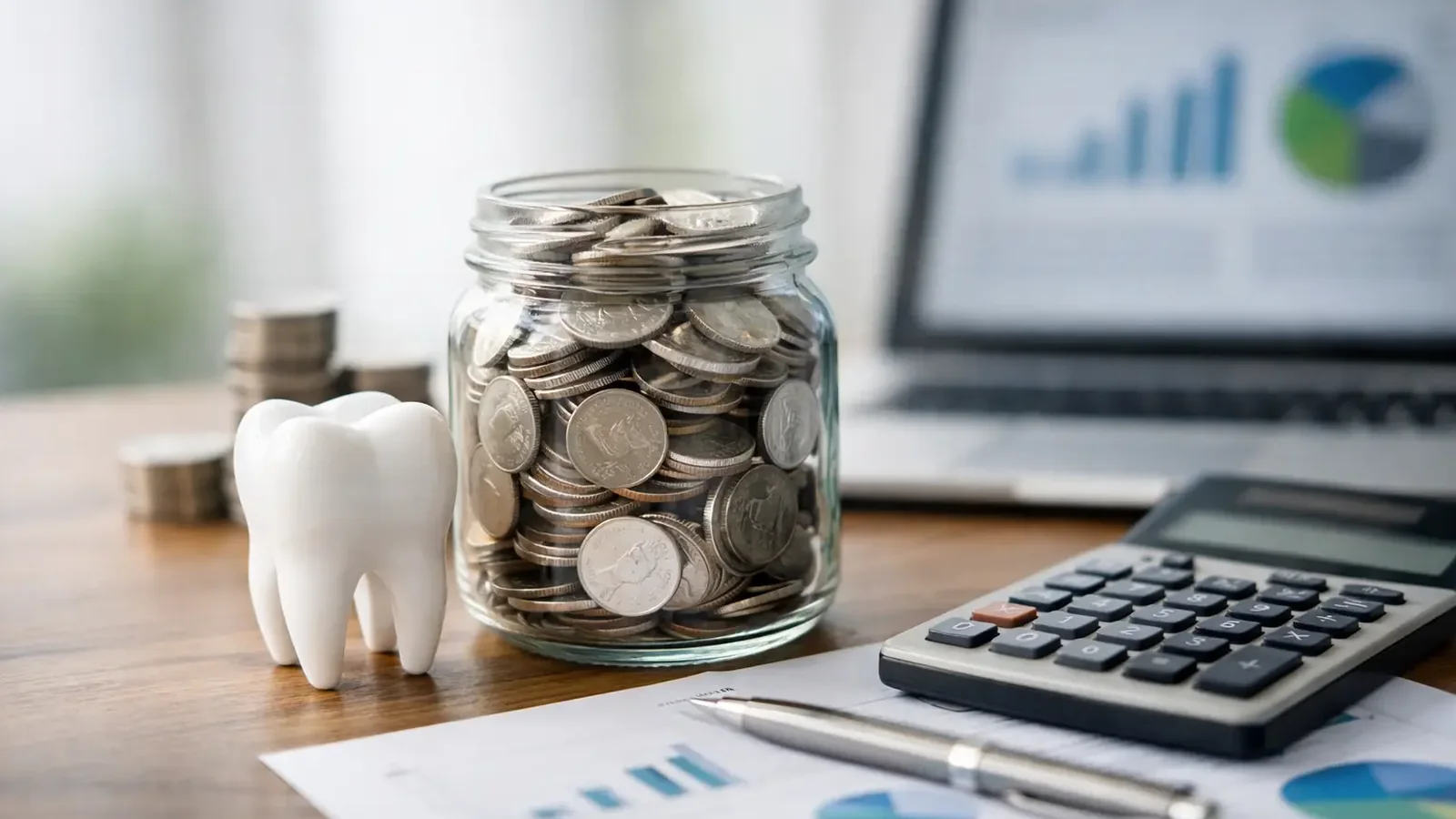 Dental implant cost planning closeup with coins, calculator, charts, and an implant model.
