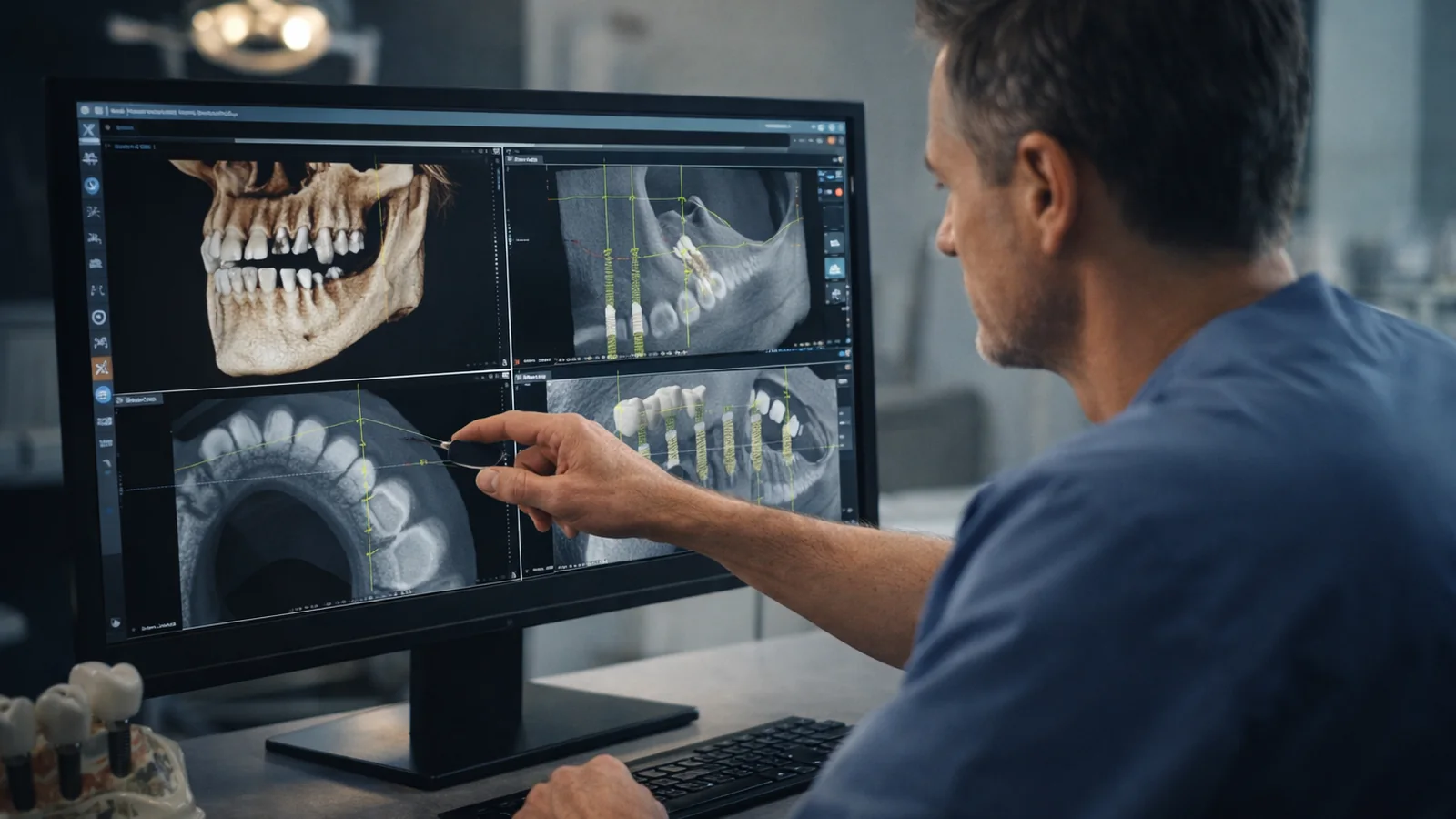 Dental implant planning screen with 3D jaw scan and x-ray views being reviewed by a clinician.