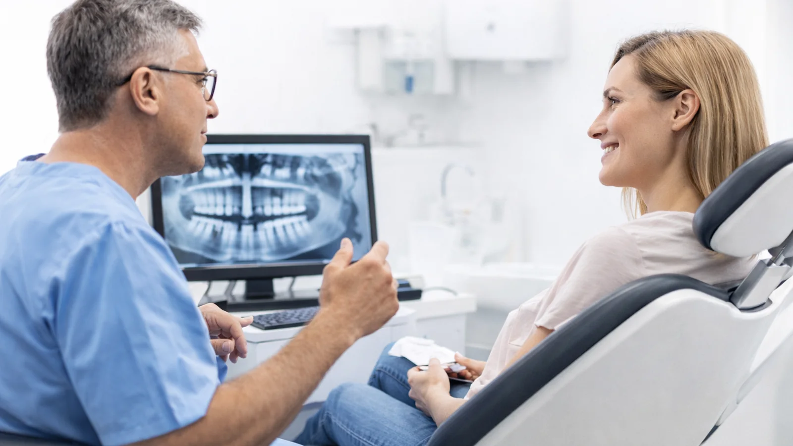 Dental x-ray consultation with a clinician explaining treatment options to a patient in a bright operatory.