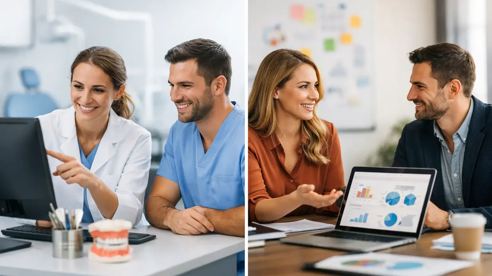 In-house dental marketing team compared with an outsourced agency strategy meeting for clinic growth planning.