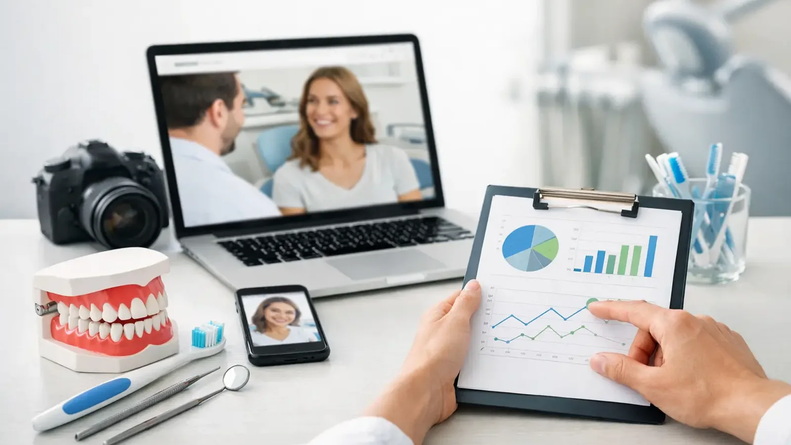Dental landing page conversion review with laptop, phone, patient imagery, camera, analytics chart, and clinic model.