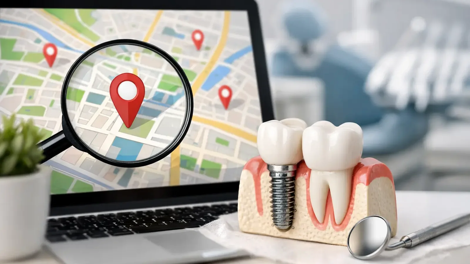 Local dental SEO map search with location pins, implant model, and magnifying glass in a clinic workspace.