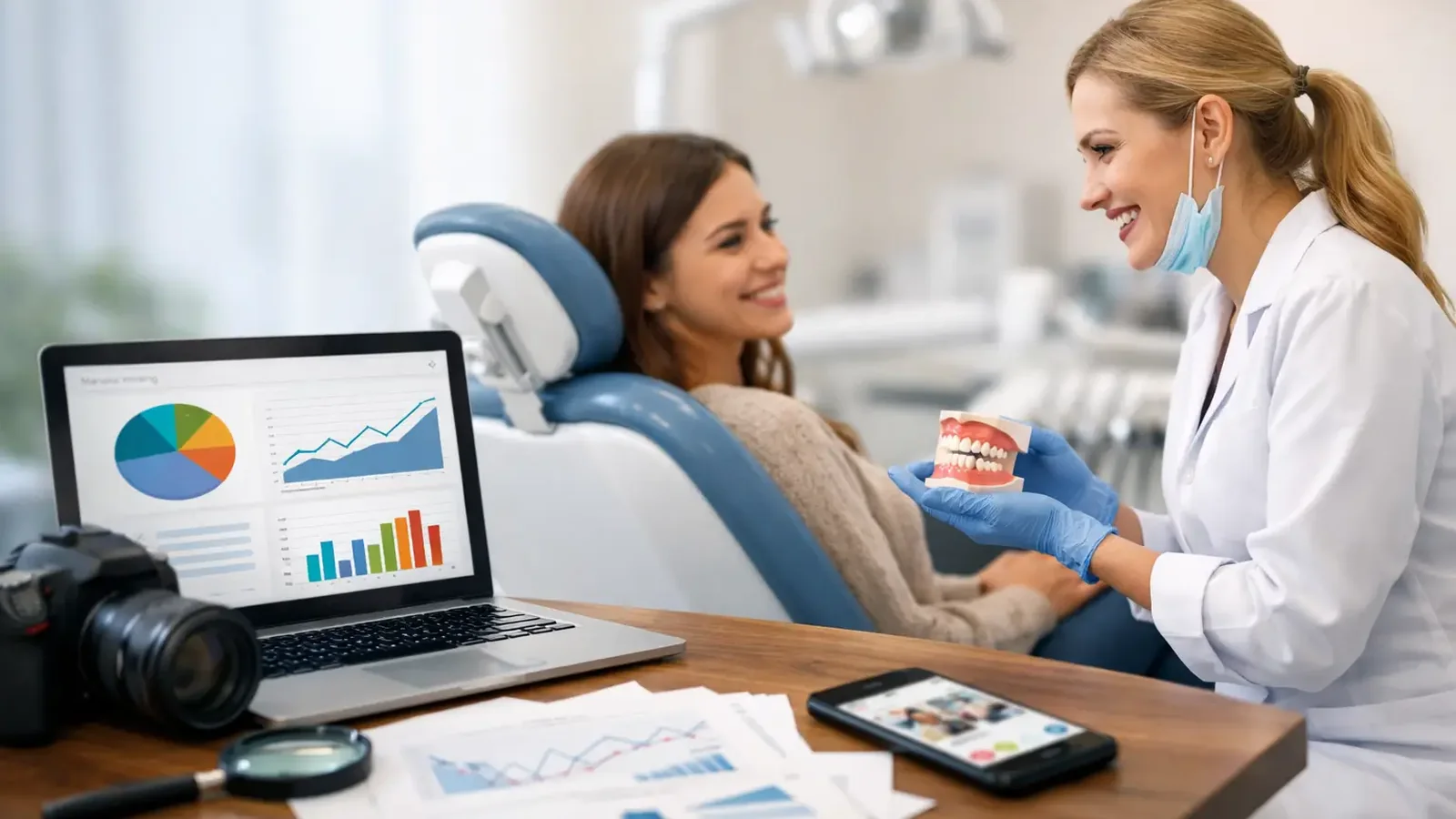 Dental marketing analytics workspace with laptop charts, treatment photos, clinic props, and patient acquisition review.