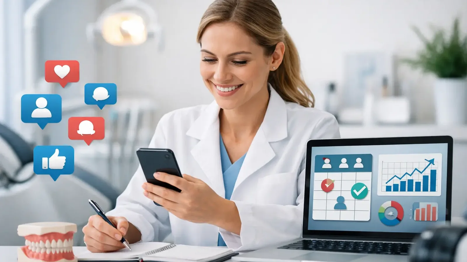 Dental reviews and reputation workflow with a clinician using a phone, social icons, and performance dashboard.