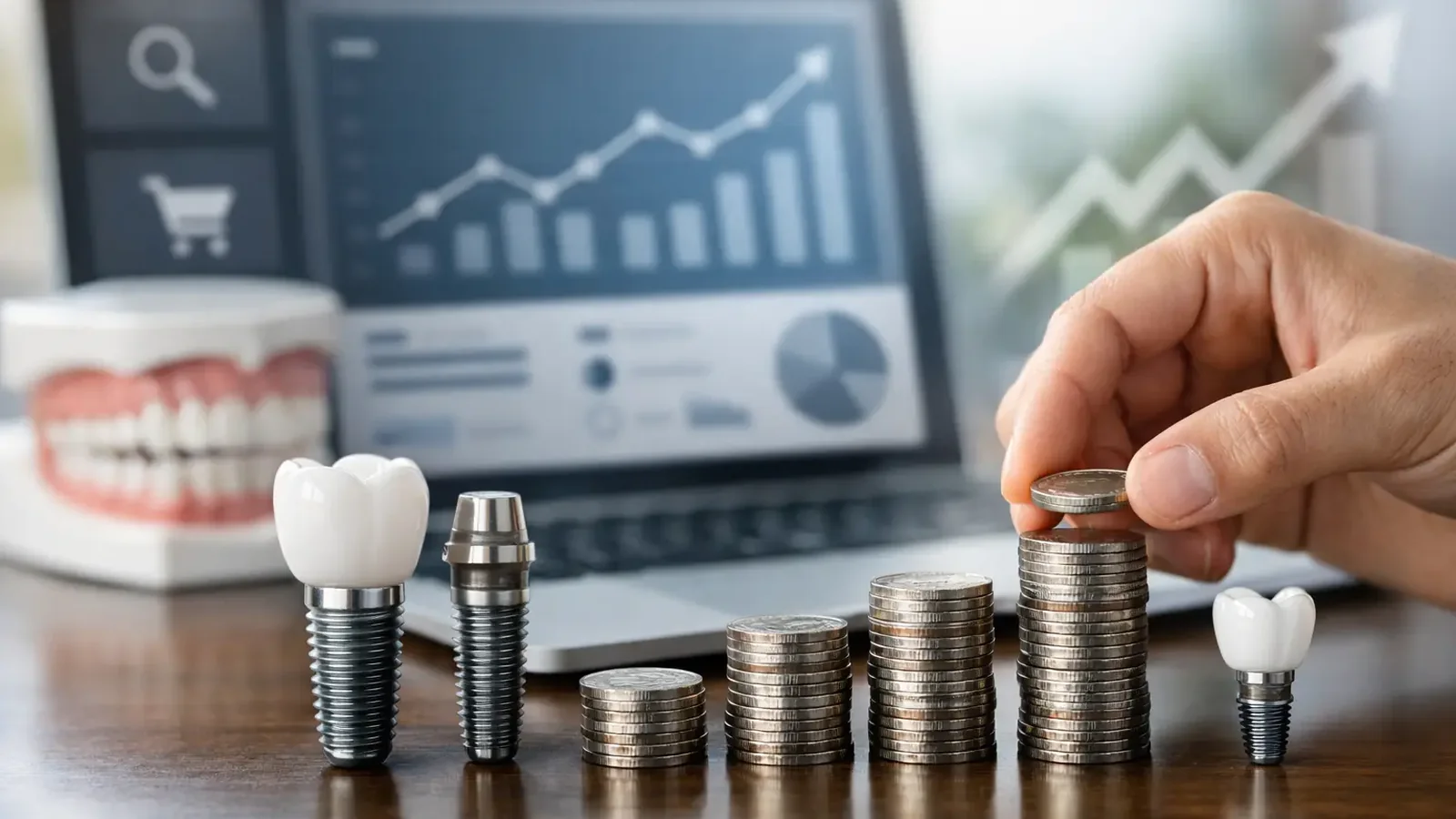 Dental ROI model with implant posts, stacked coins, and a performance dashboard showing growth trends.