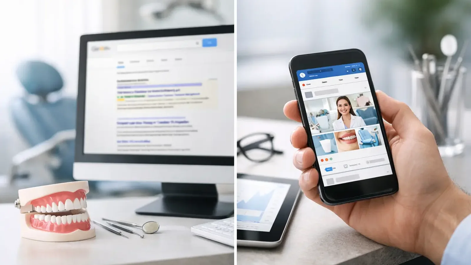 Dental SEO versus social ads comparison with search results on a desktop screen and patient creative on a phone.