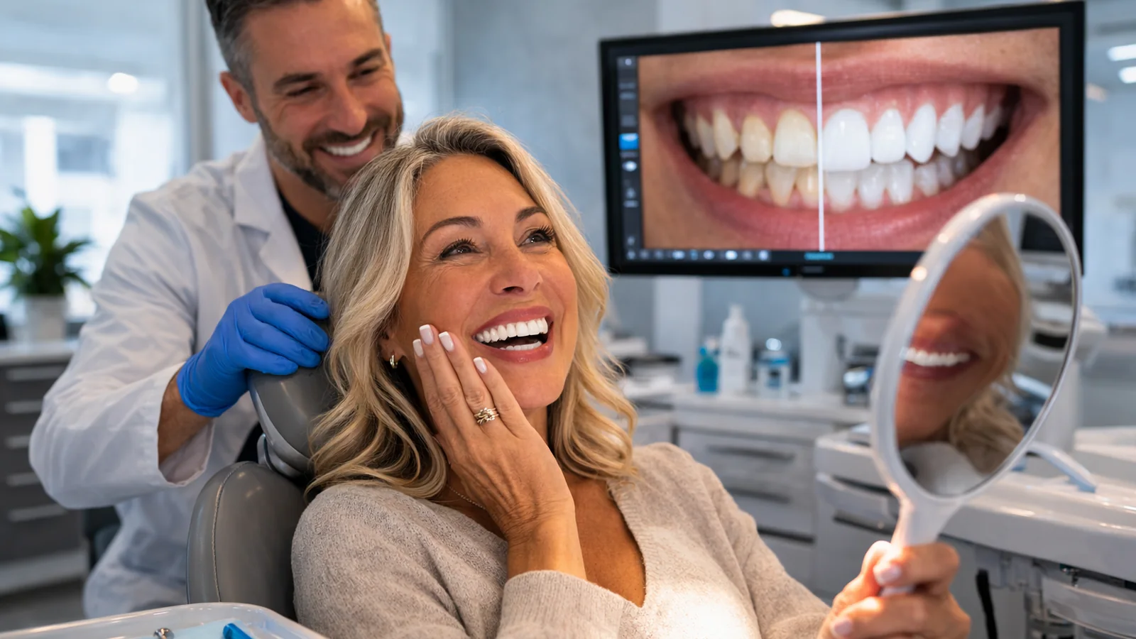 Smile design consultation with a patient viewing her teeth in a mirror beside a digital before-and-after screen.