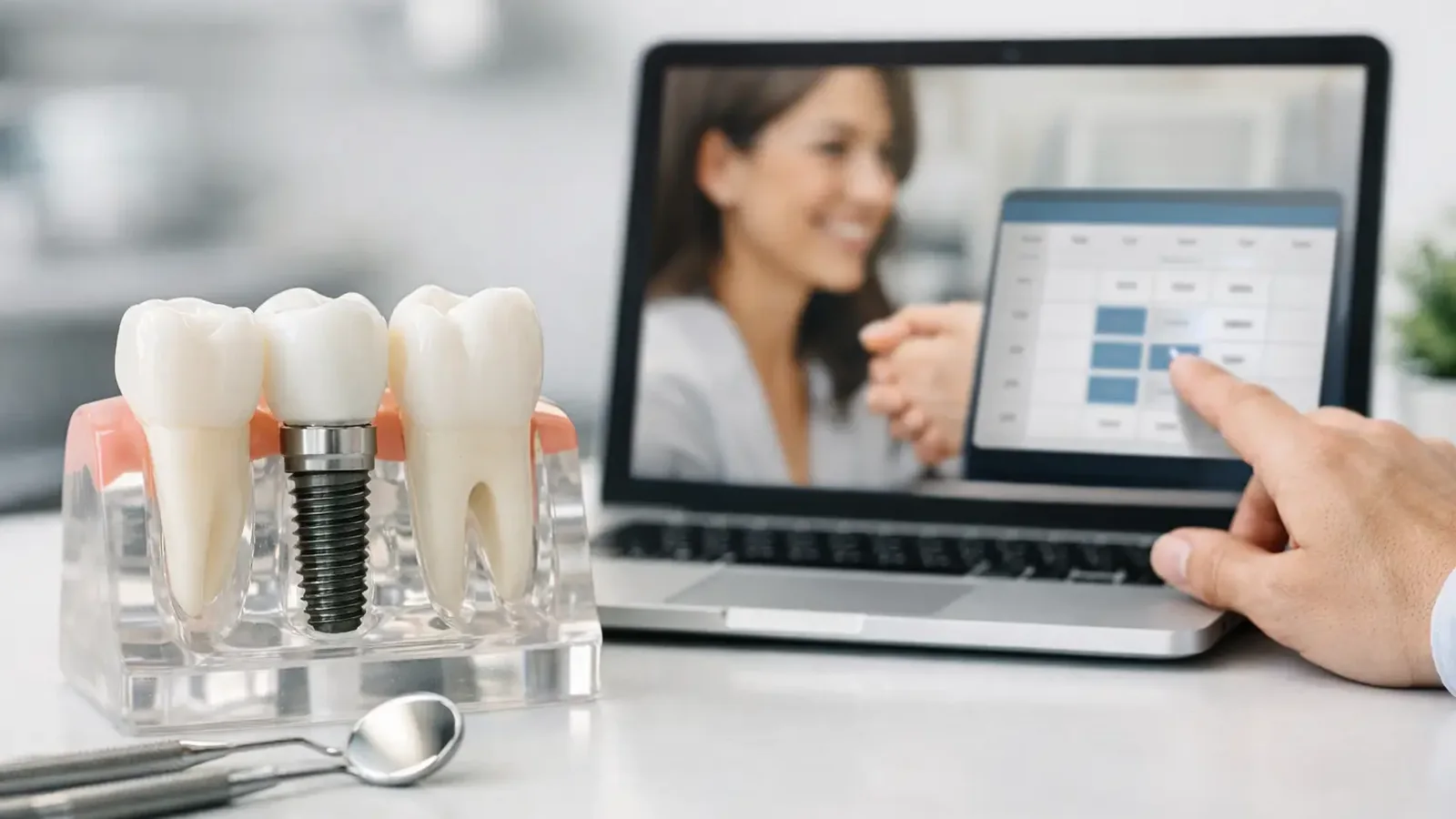 Dental speed-to-lead scheduling workflow with a calendar on a laptop, implant model, phone analytics, and clinic tools.