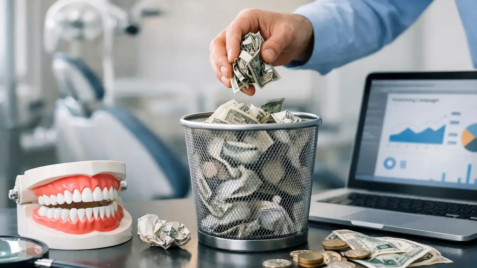 Wasted dental ad spend concept with crumpled cash in a bin, coins, analytics charts, and a dental model.