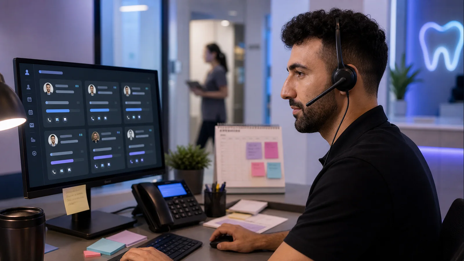 Dental treatment coordinator follow-up article image showing patient pipeline cards, headset, and clinic CRM workstation