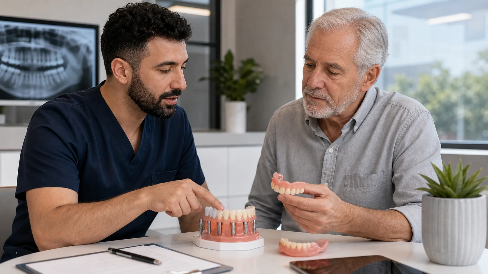 All-on-4 advertising article image showing a fixed full-arch implant model and denture comparison during consultation