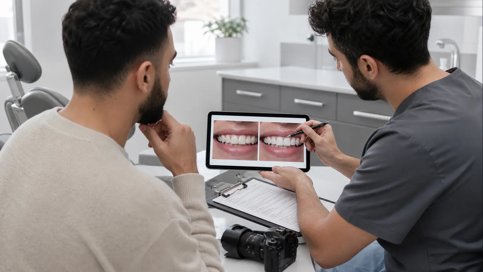 Dental implant before and after marketing article image showing ethical proof review on a tablet with consent documents