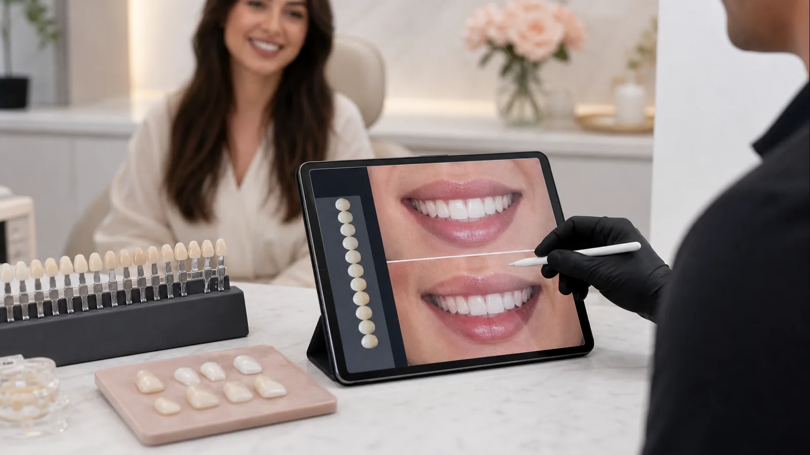 Veneers lead generation article image showing smile design planning, veneer shade tabs, and cosmetic case review