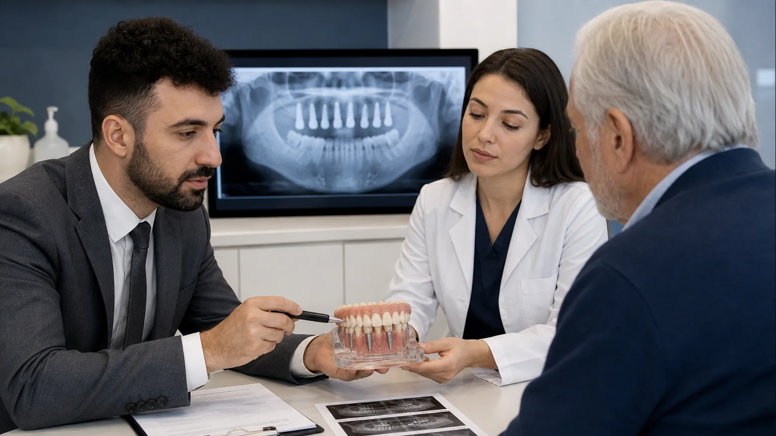 Dental implant marketing agency article image showing full-arch treatment planning, lead filtering, and campaign review materials