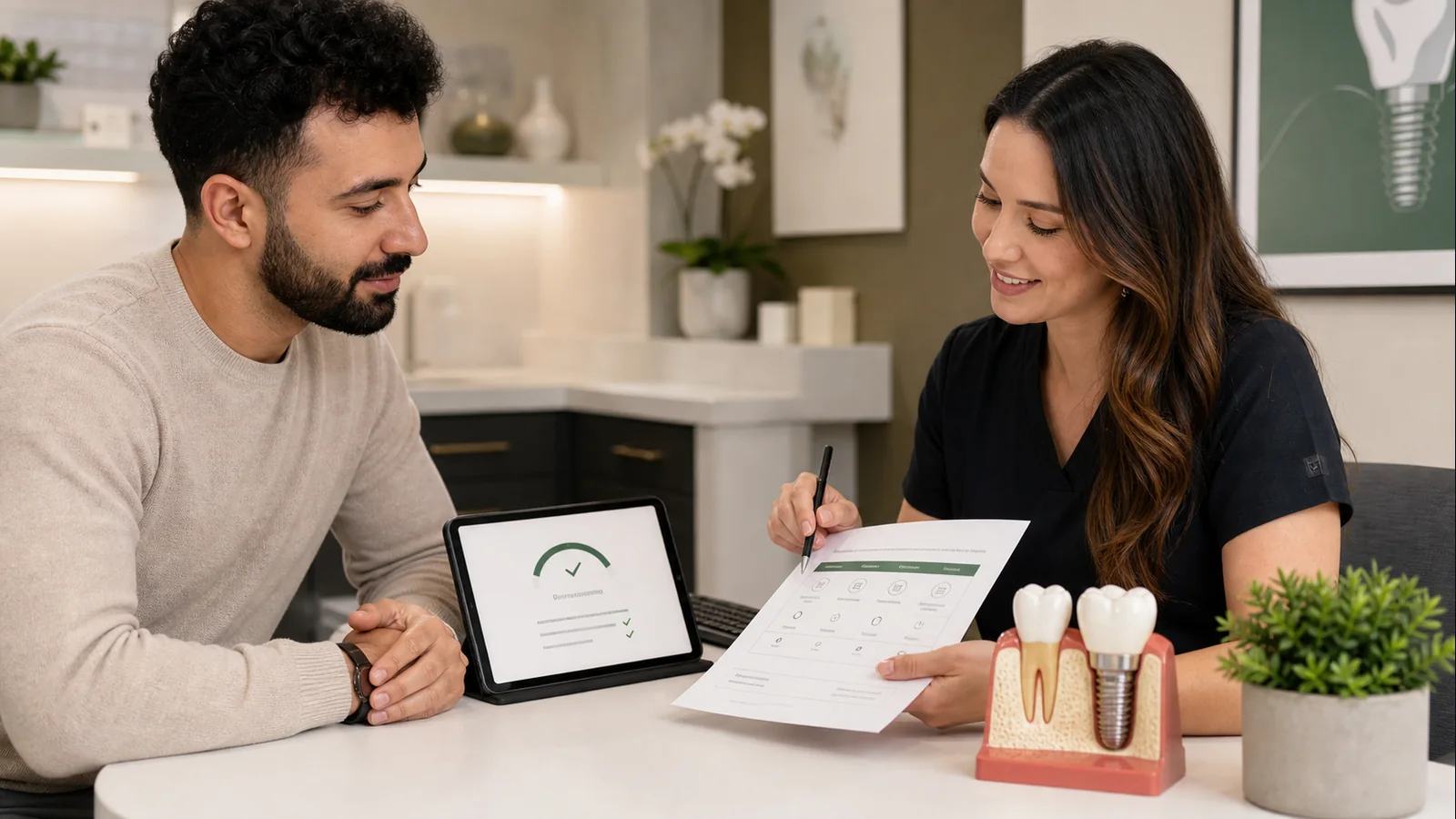 Dental implant financing marketing article image showing a finance coordinator explaining payment options to a patient