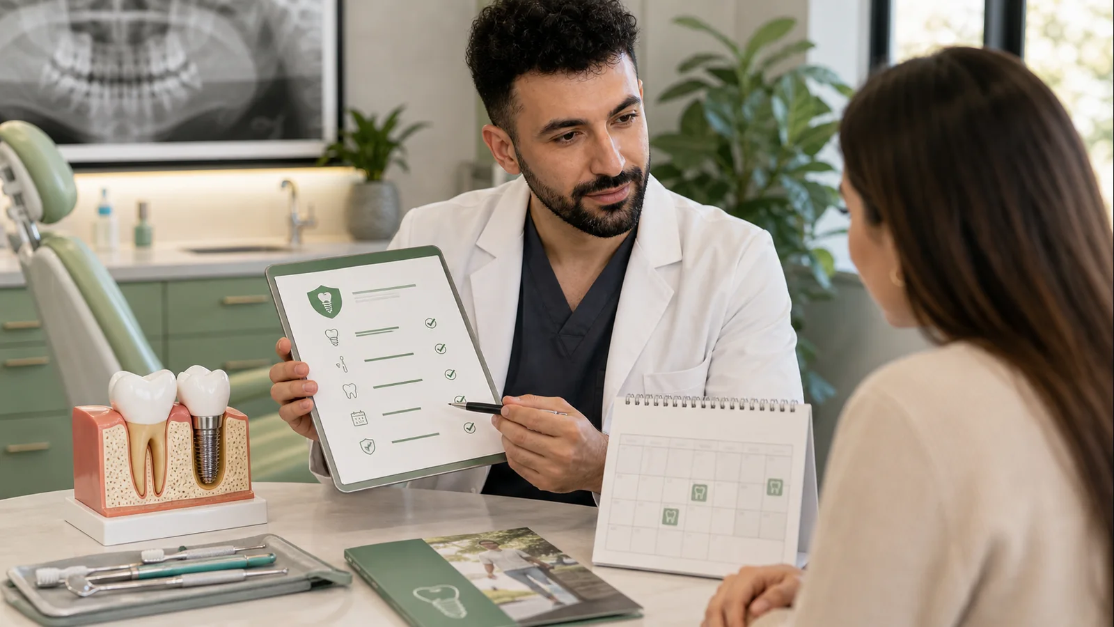 Dental implant warranty marketing article image showing a long-term implant care plan, maintenance checklist, and hygiene tools