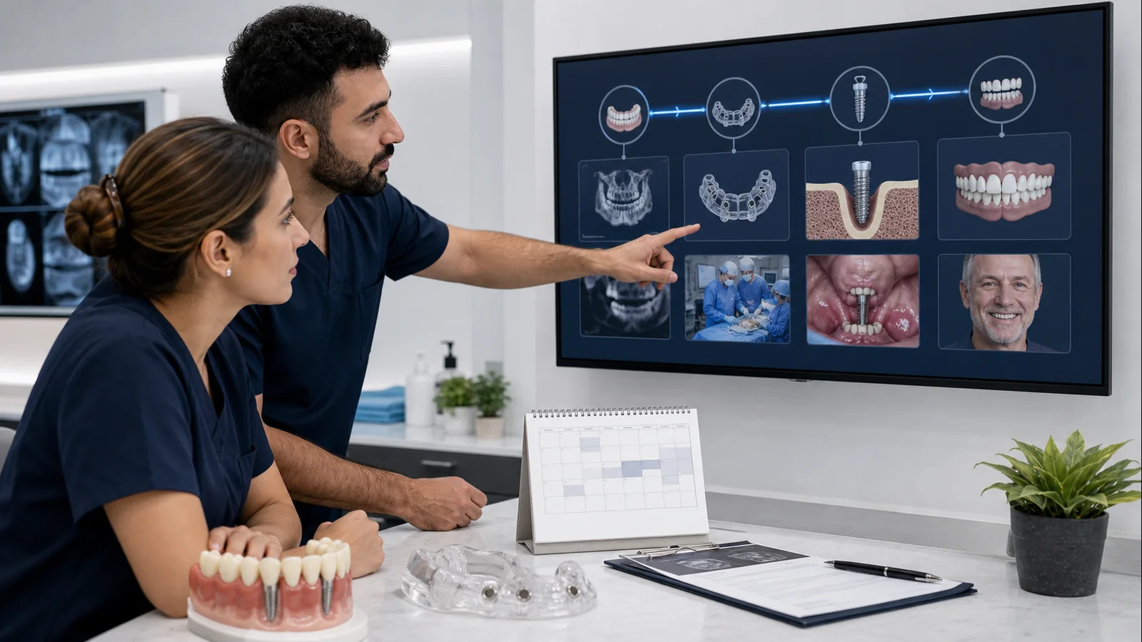 Teeth-in-a-Day marketing article image showing same-day implant planning with a surgical guide, model, and clinic calendar