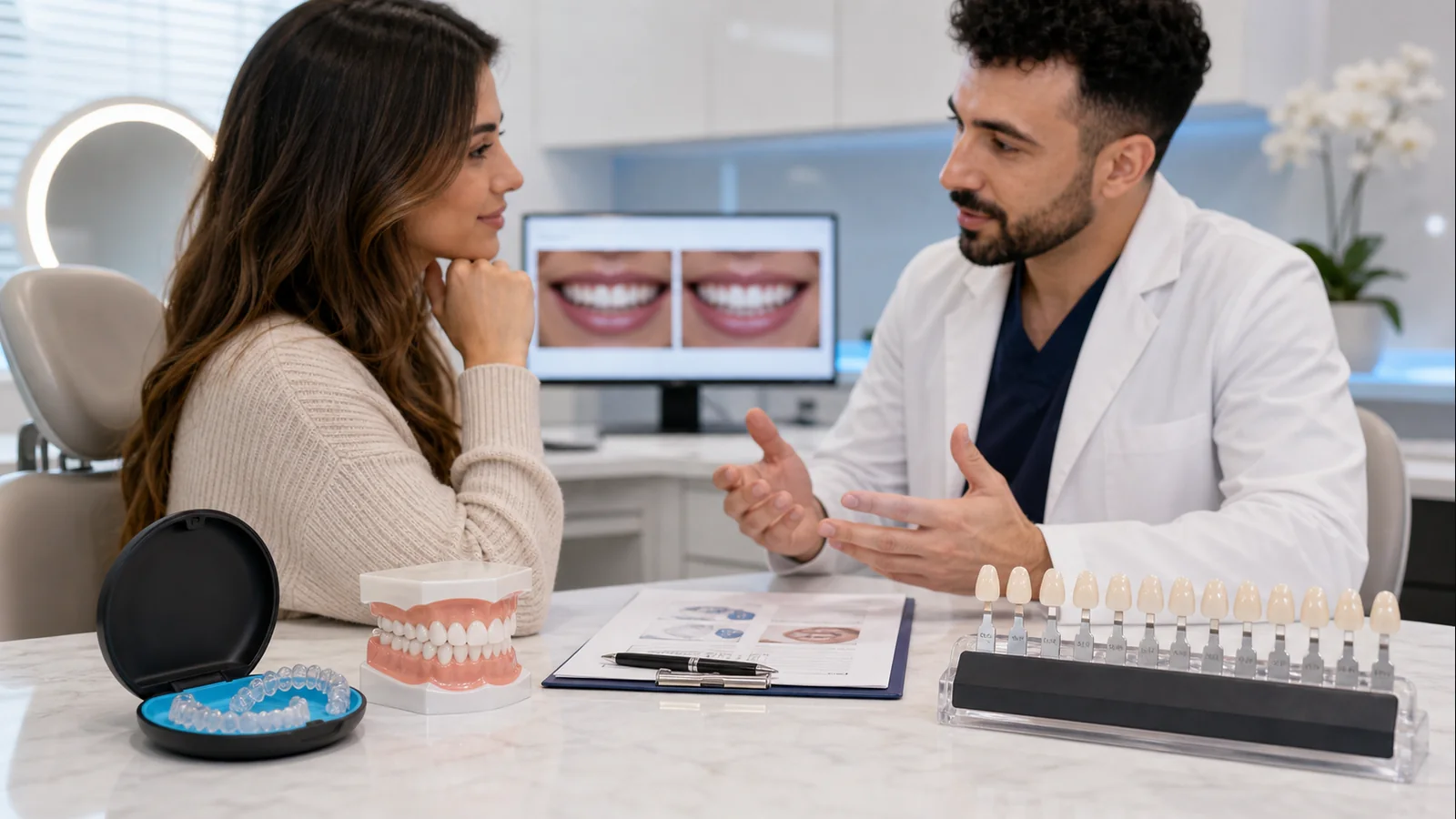 Cosmetic dentist Facebook ads article image showing veneer planning, aligner comparison, and social ad creative notes