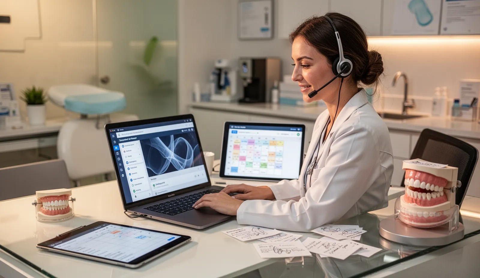 Dental clinic operator reviewing patient follow-up notes, appointment tracking, and treatment workflow