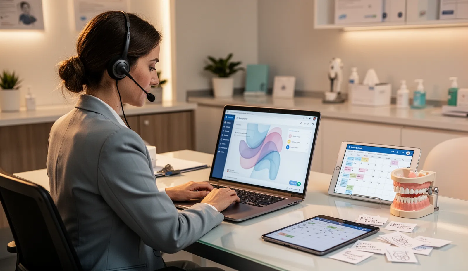 Dental patient acquisition operations scene with coordinator workflow, treatment notes, and clinic dashboard
