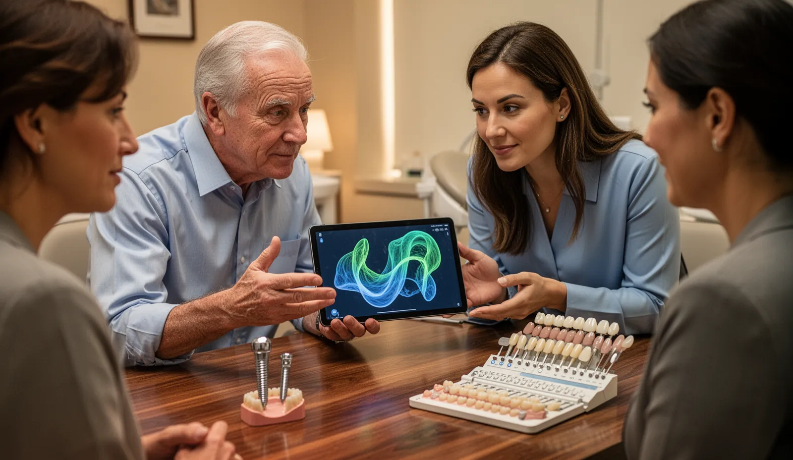 Dental clinic team reviewing an implant and cosmetic treatment plan with a patient