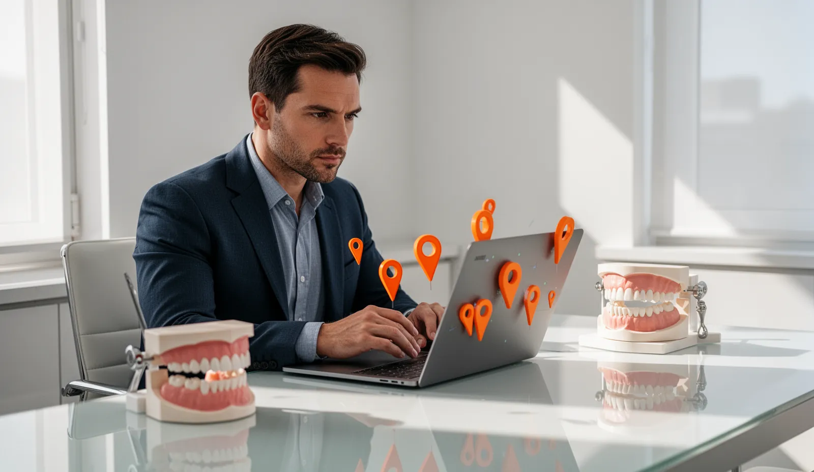 Dental marketing strategist reviewing local SEO map pins and campaign analytics in a clinic workspace
