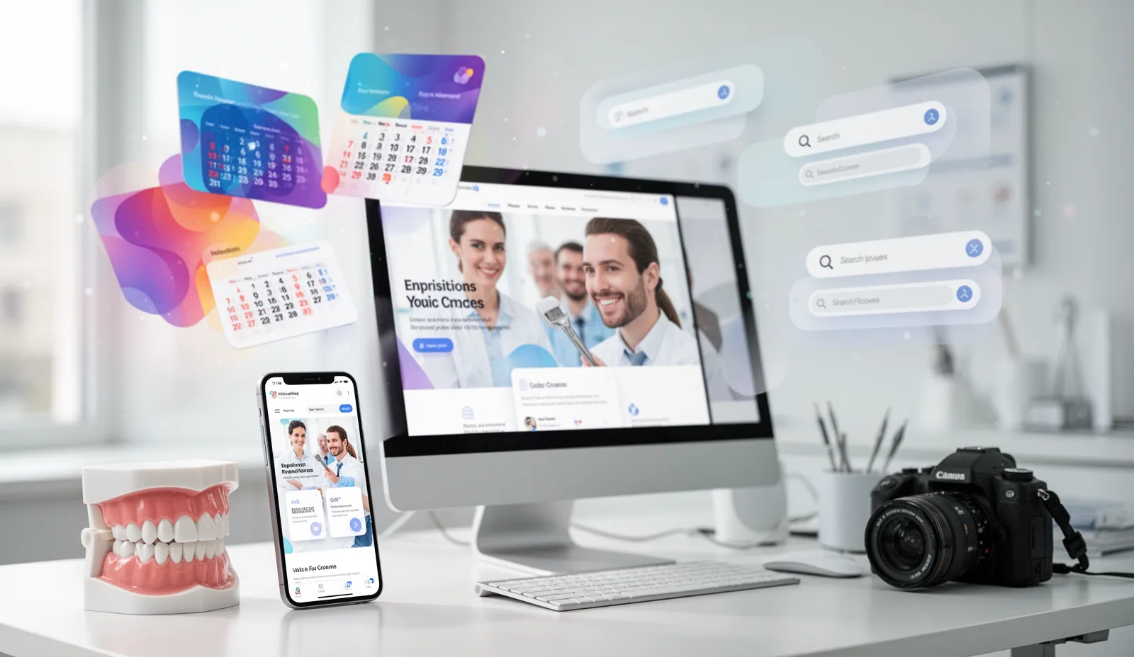 Dental website design and AI search visibility review with booking screens and clinic marketing assets