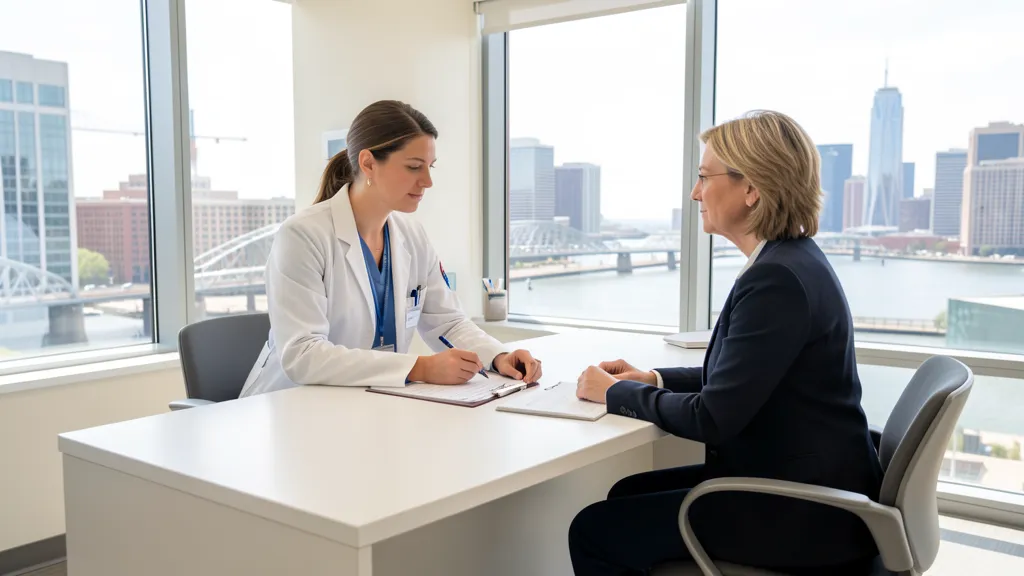 Modern Chicago dental clinic consultation with riverfront skyline context