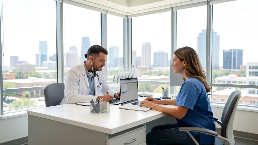Modern Dallas dental clinic consultation with North Texas skyline context
