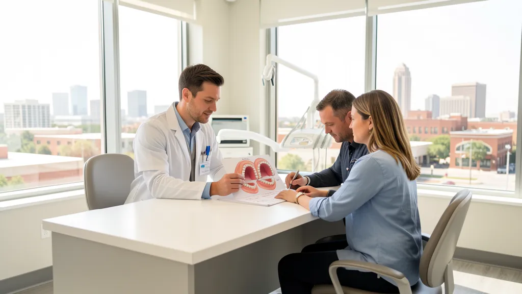 Modern Houston dental clinic consultation with city skyline context