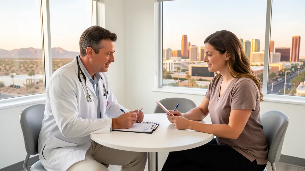 Modern Las Vegas dental clinic consultation with desert city skyline context