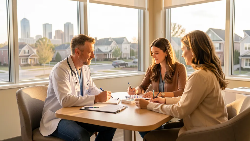 Modern Nashville dental clinic consultation with warm skyline and neighborhood context