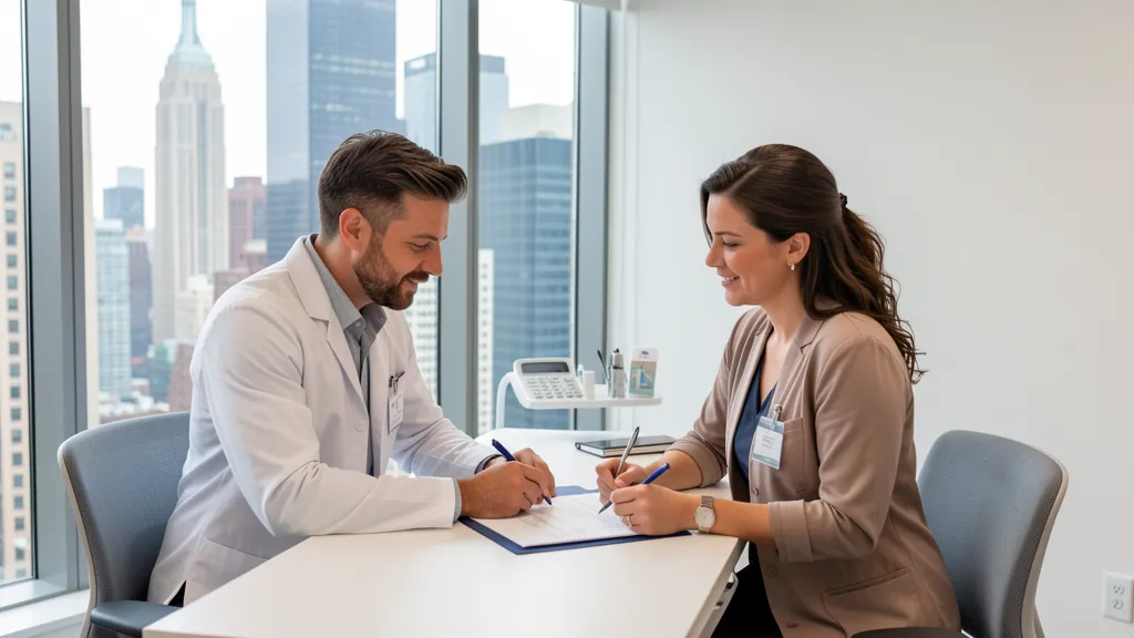 Modern New York City dental clinic consultation with Manhattan skyline context