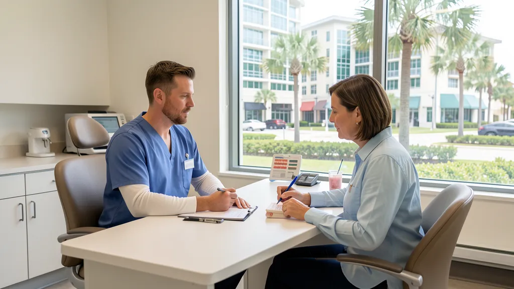 Modern Orlando dental clinic consultation with palm-lined city context