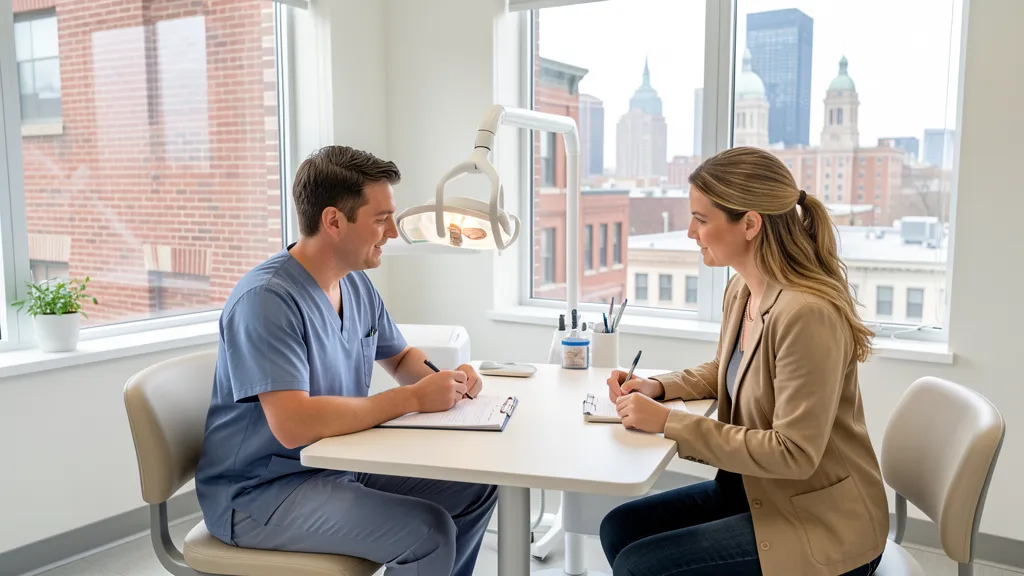 Modern Philadelphia dental clinic consultation with historic brick and skyline context