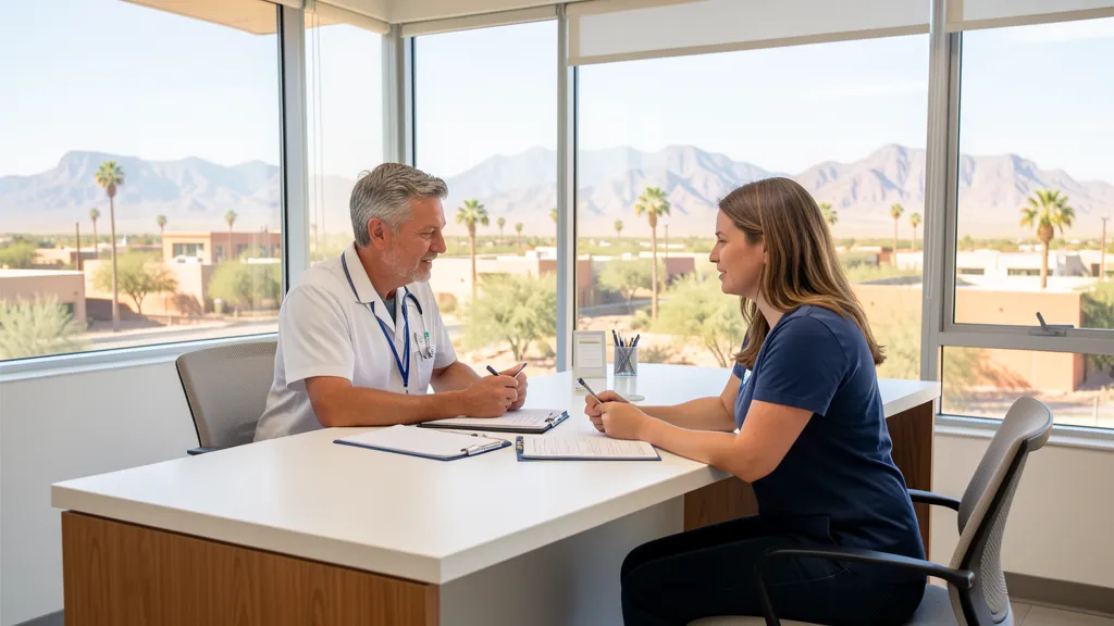 Modern Phoenix dental clinic consultation with desert mountain context