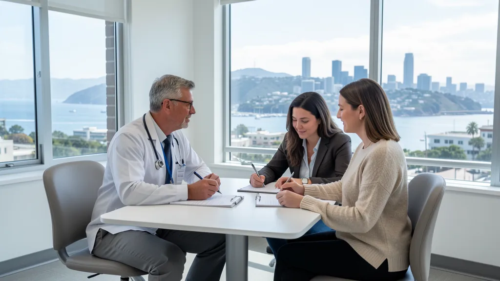 Modern San Francisco dental clinic consultation with Bay Area skyline context