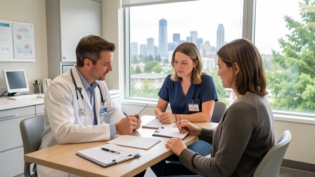 Modern Seattle dental clinic consultation with skyline and greenery context