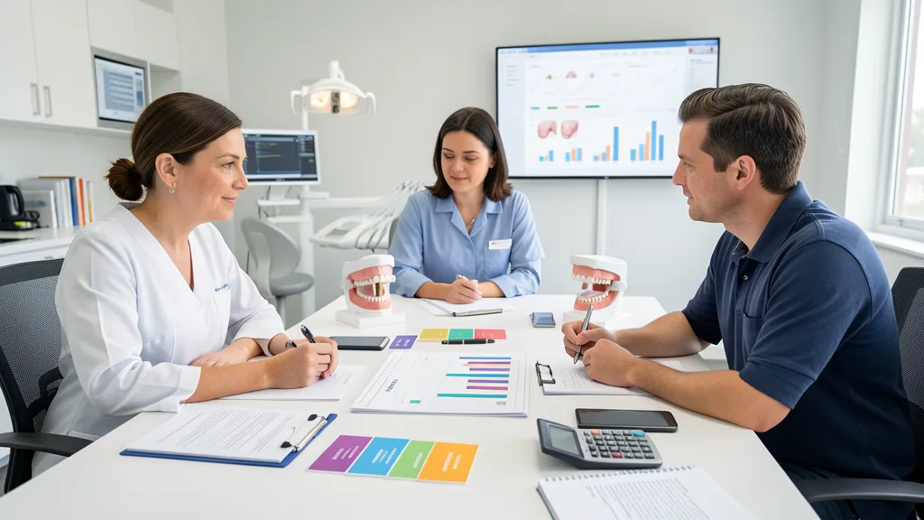 Dental clinic team reviewing accepted-case tracking and performance charts