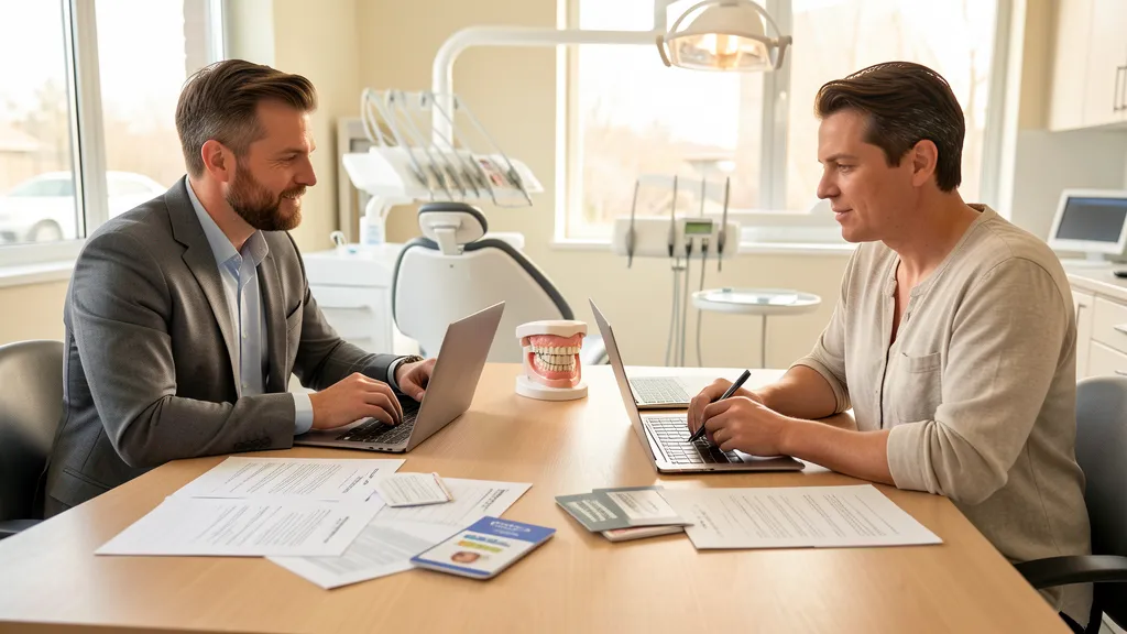 Dental marketing strategy meeting reviewing campaign notes and treatment priorities in a clinic