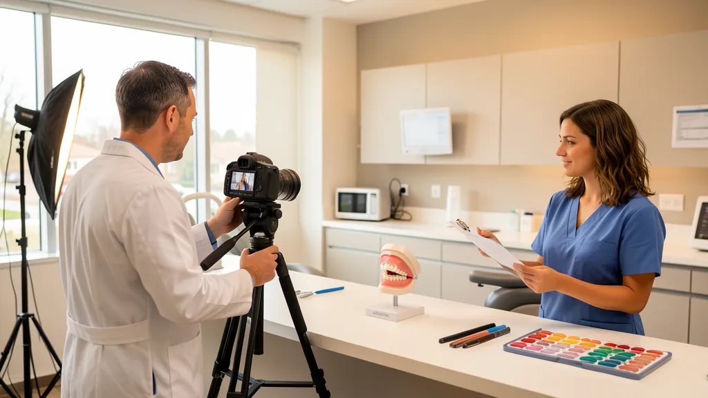 Dentist filming educational dental proof content inside a modern clinic